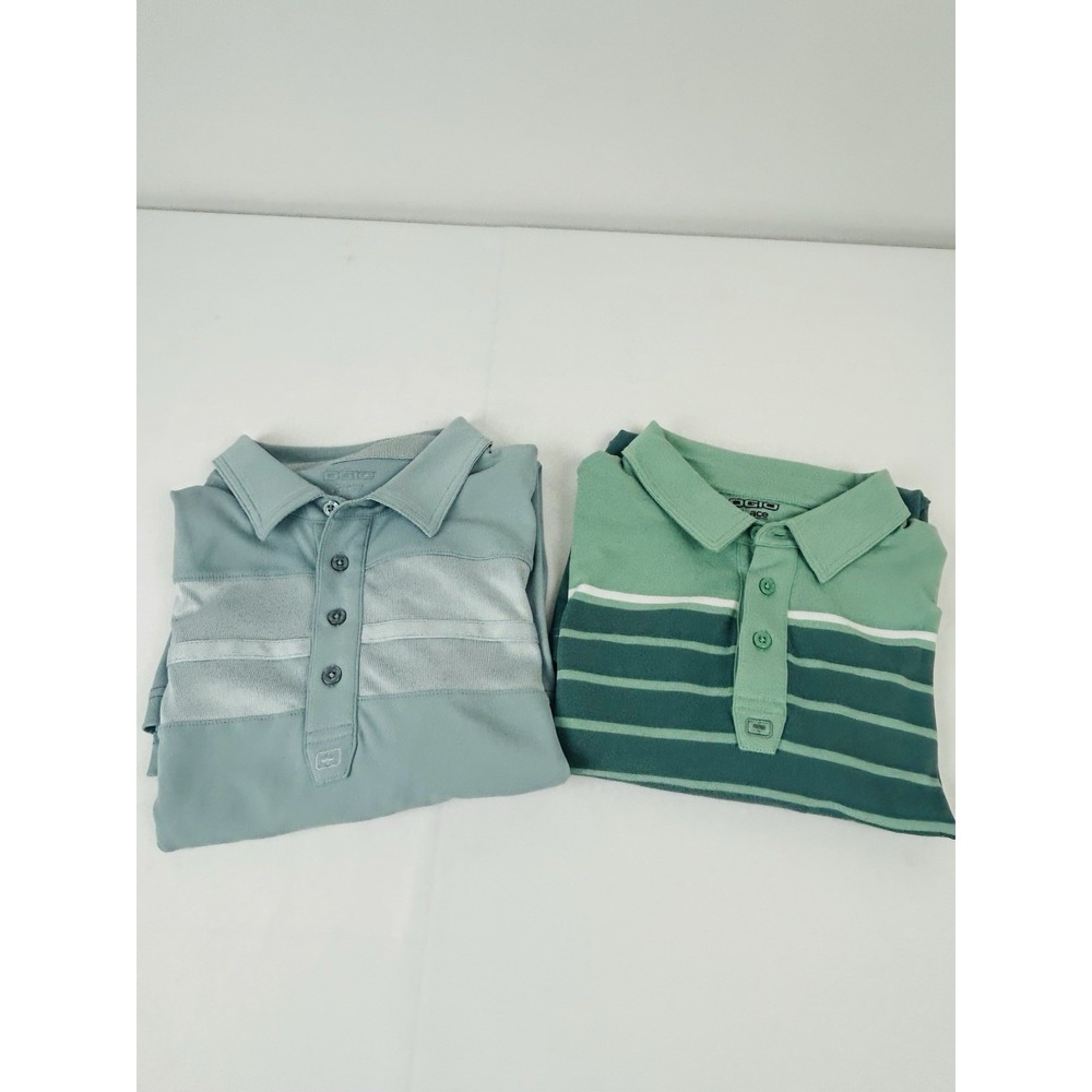 x2 OGIO Ace Men Large Golf Polo Shirts Set Green Gray Striped Short Sleeve L
